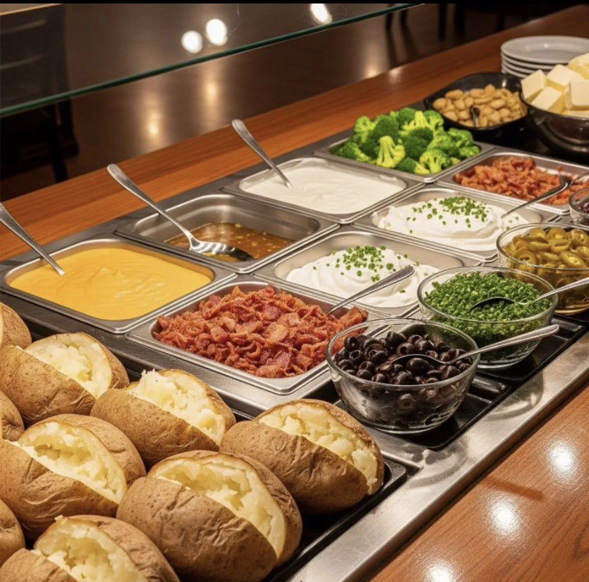 Split baked potatoes beside trays of cheese sauce, bacon, sour cream, broccoli and other toppings at a baked potato bar