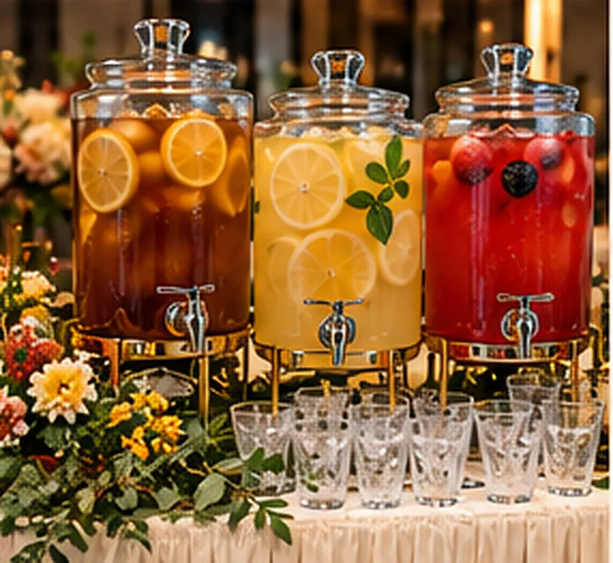Three glass drink dispensers with tea and lemonade and glasses on a draped table