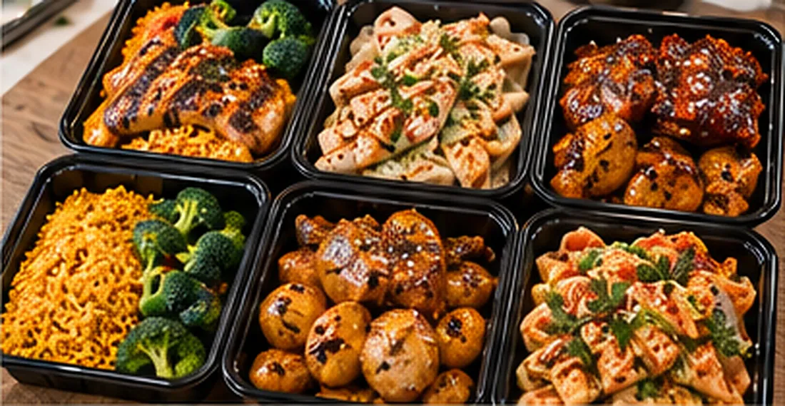 Six individually packed hot meals in black containers