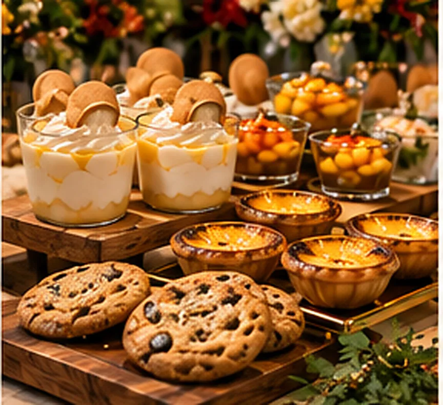 Dessert display with banana pudding cups, peach cobbler, tarts and cookies