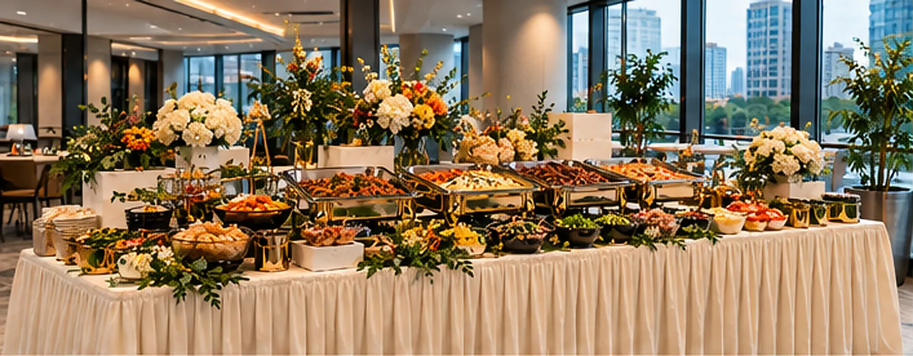 Indoor catering buffet with champagne-colored draped table, flowers and chafing dishes