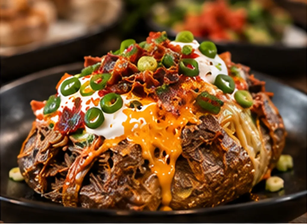 Loaded baked potato with cheese, sour cream, bacon and green onions on a dark plate