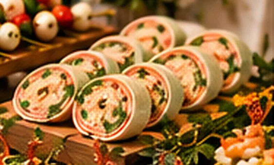Sliced pinwheel sandwiches on a wooden riser